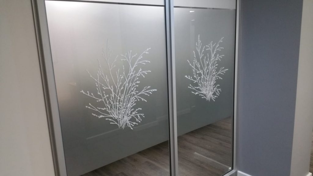 Interior frosted glass design on glass doors.